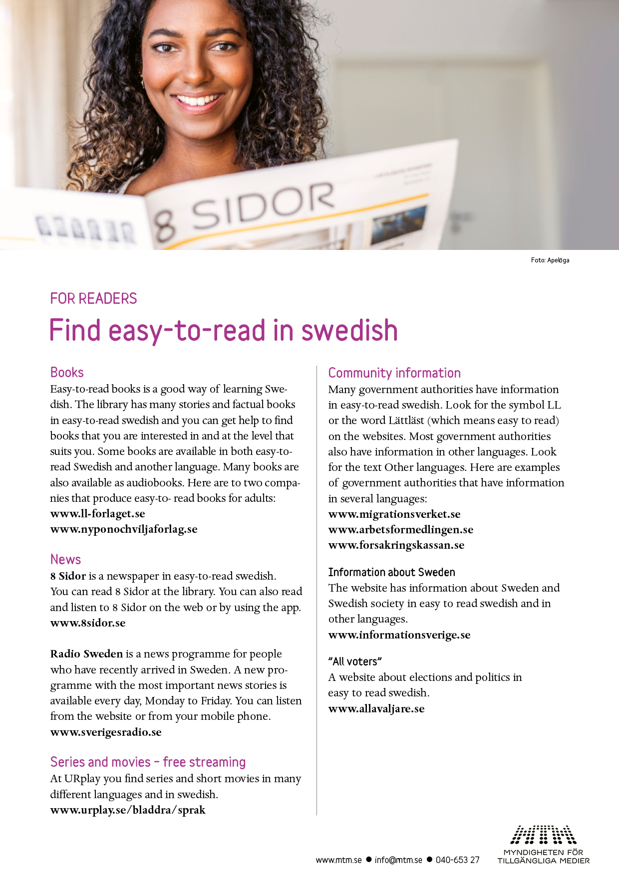 Framsidan på faktabladet Find easy to read in swedish