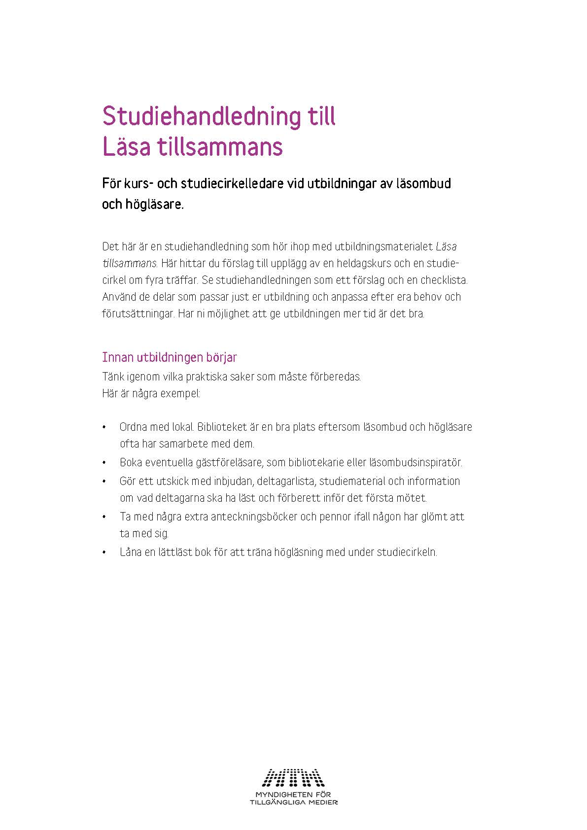 Första sidan till studiehandledningen till Läsa tillsammans