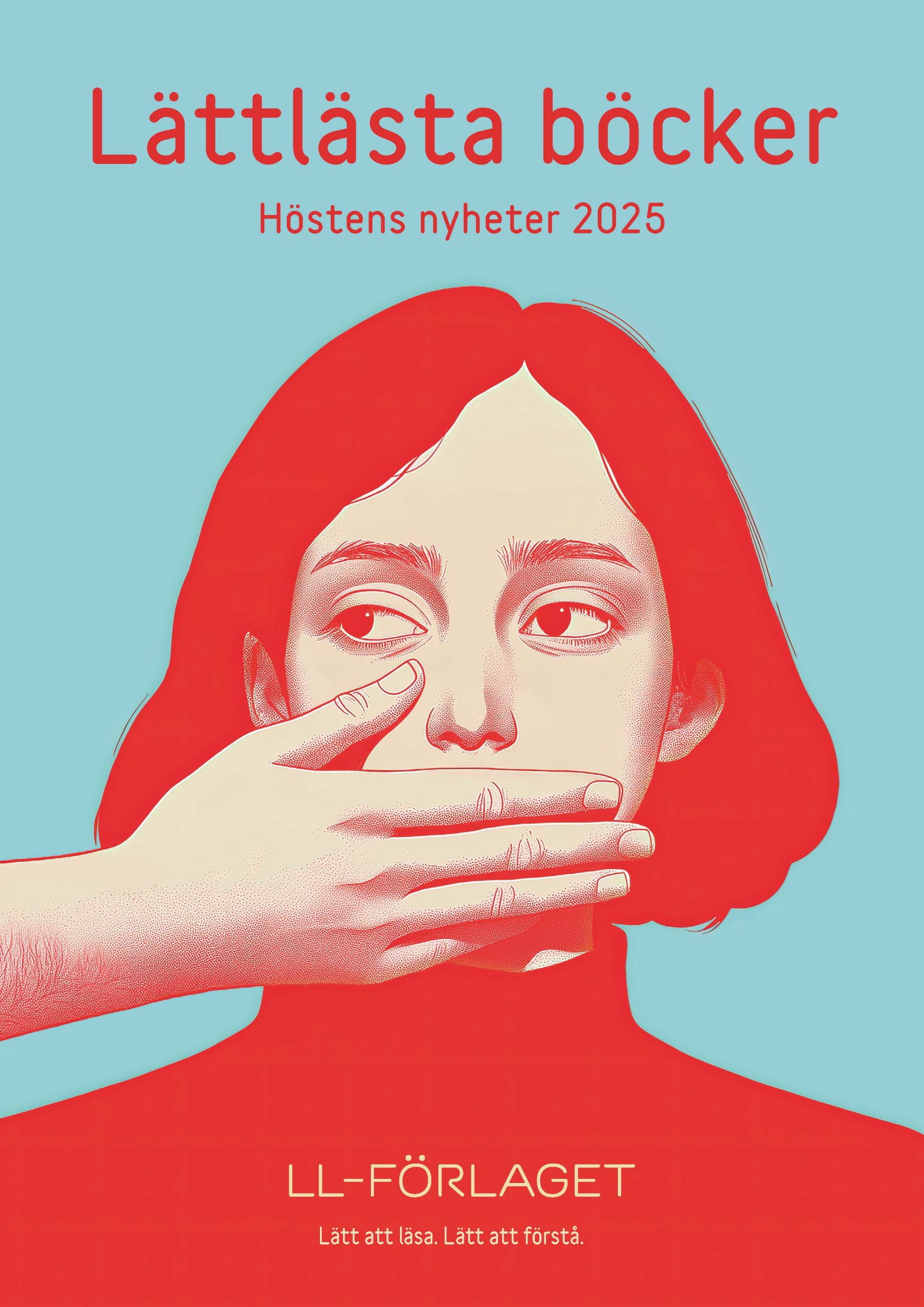 Omslagsbild för LL-katalogen hösten 2025. En illustration av ett människoansikte. En hand håller för munnen.