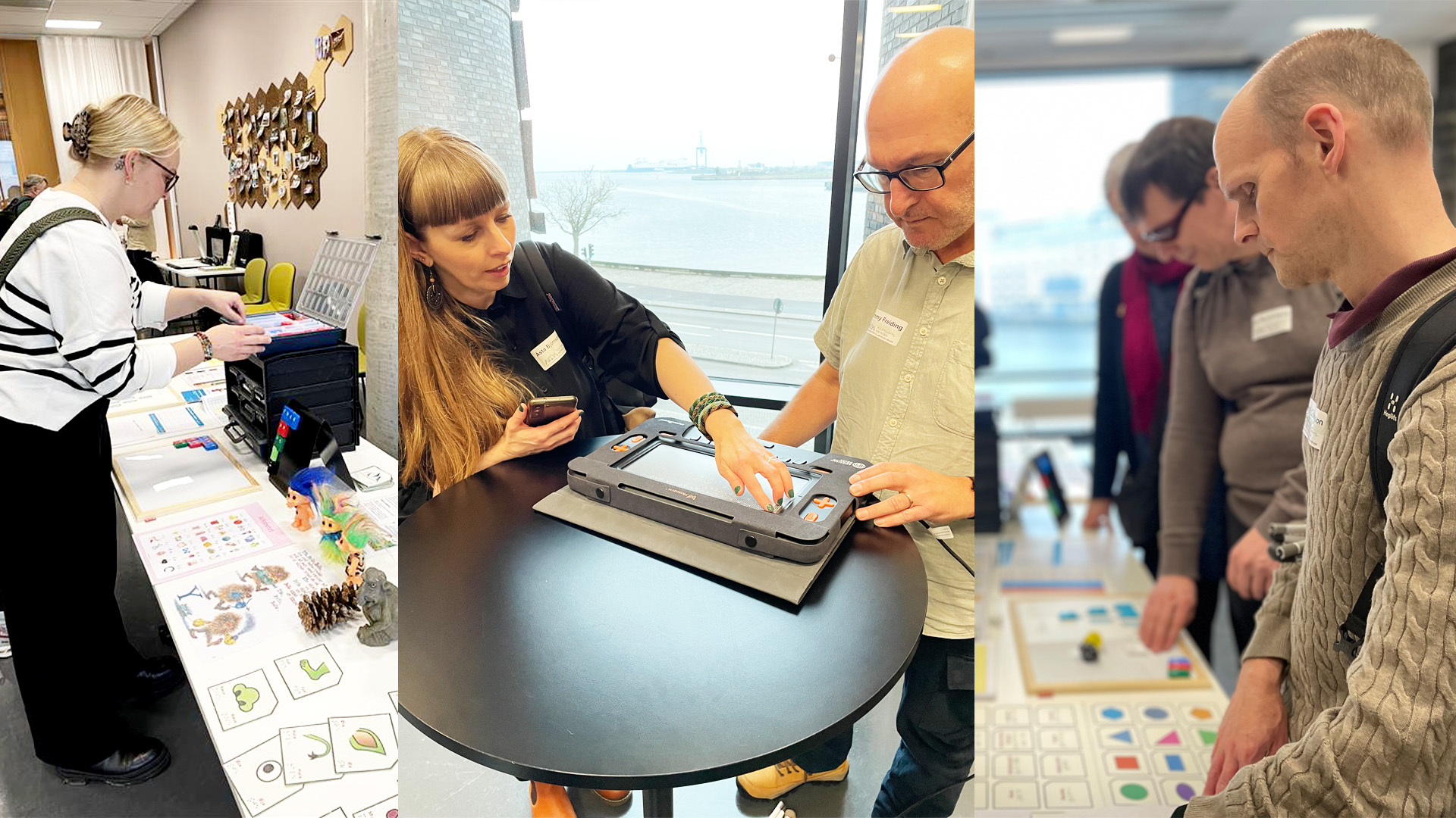 Kollagebild. Tre stycken presentationer från Nordiskt punktskriftsmöte i Malmö. I mitten syns Jimmy Freiding från MTM som demonstrerar punktdisplayen Monarch som visar både punktskrift och taktil grafik.