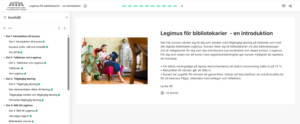 En skärmbild på utbildningens förstasida.