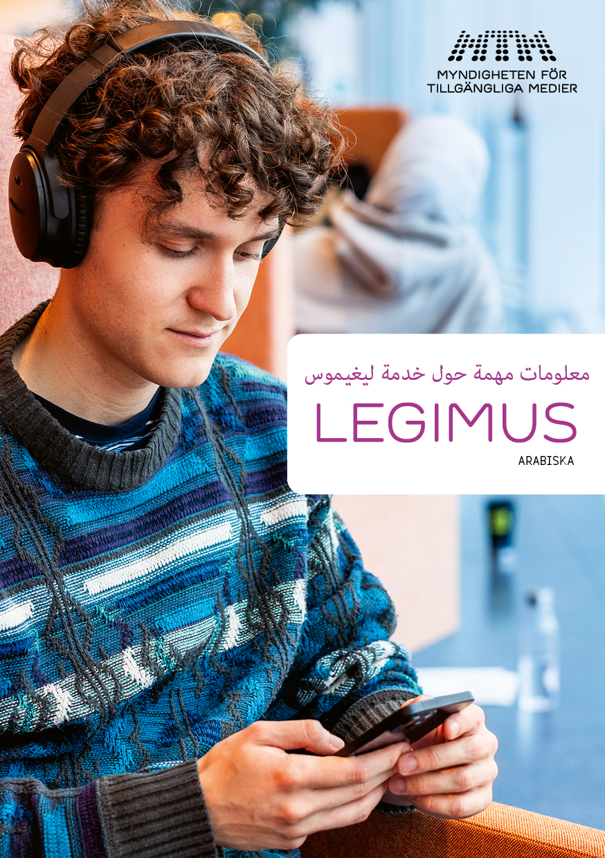 Omslag till flyer Viktigt att veta om Legimus, på arabiska.