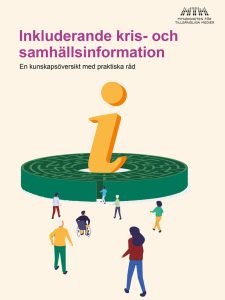 Illustration av flera personer på väg mot ett "i" som symboliserar information. En person har vit käpp, en annan sitter i rullstol.