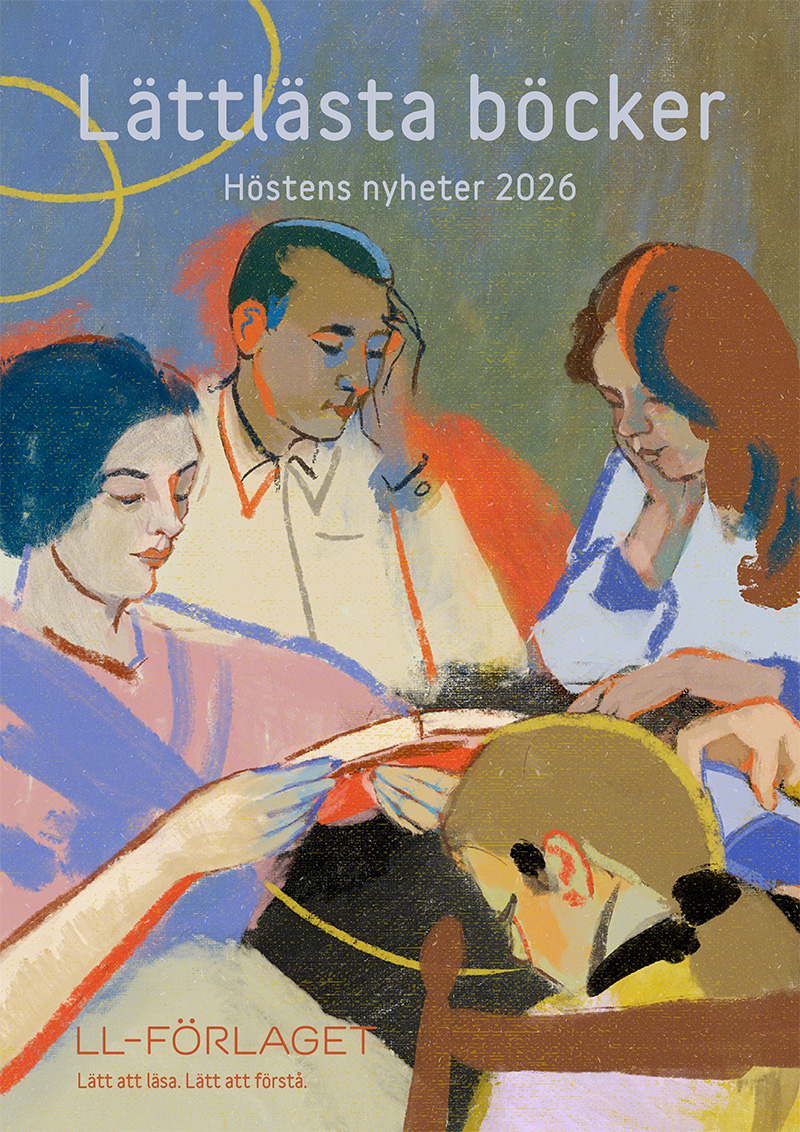 Omslaget till LL-förlagets katalog hösten 2026. En man och två kvinnor bläddrar i böcker.