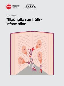 Illustration av personer som står mitt i en uppslagen bok. De lyser med ficklampor på texten som förvandlas till en playknapp, arabiska, en bokstav och punktskrift.