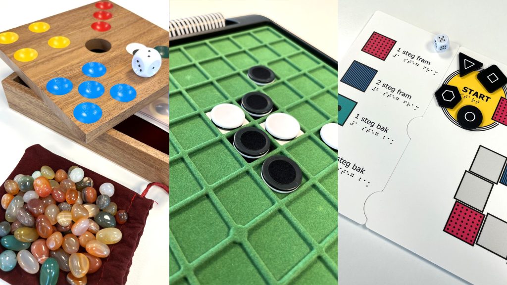 Tre olika varianter av taktila spel. Ett med en taktil tärning, ett Othello-spel med kännbara pjäser, och ett komma först i mål-spel med olika ytor på pjäser och markörer.
