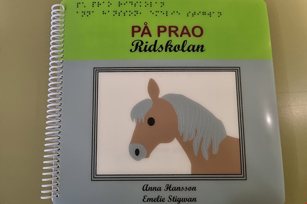 Omslag till boken, På prao. Ridskolan. En häst med grå man och brun päls syns mot en vit bakgrund.