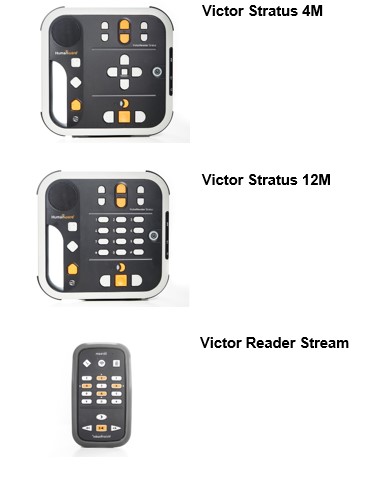 Bild på tre olika modeller av Daisyspelare: 1. Victor Stratus 4M 2. Victor Stratus 12M 3. Victor Reader Stream