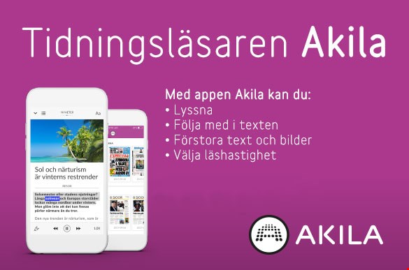 Tidningsläsaren Akila. Med appen kan du: Lyssna, Följa med i texten, Förstora text och bilder, Välja läshastighet. Bild på en mobil med Akila på displayen.