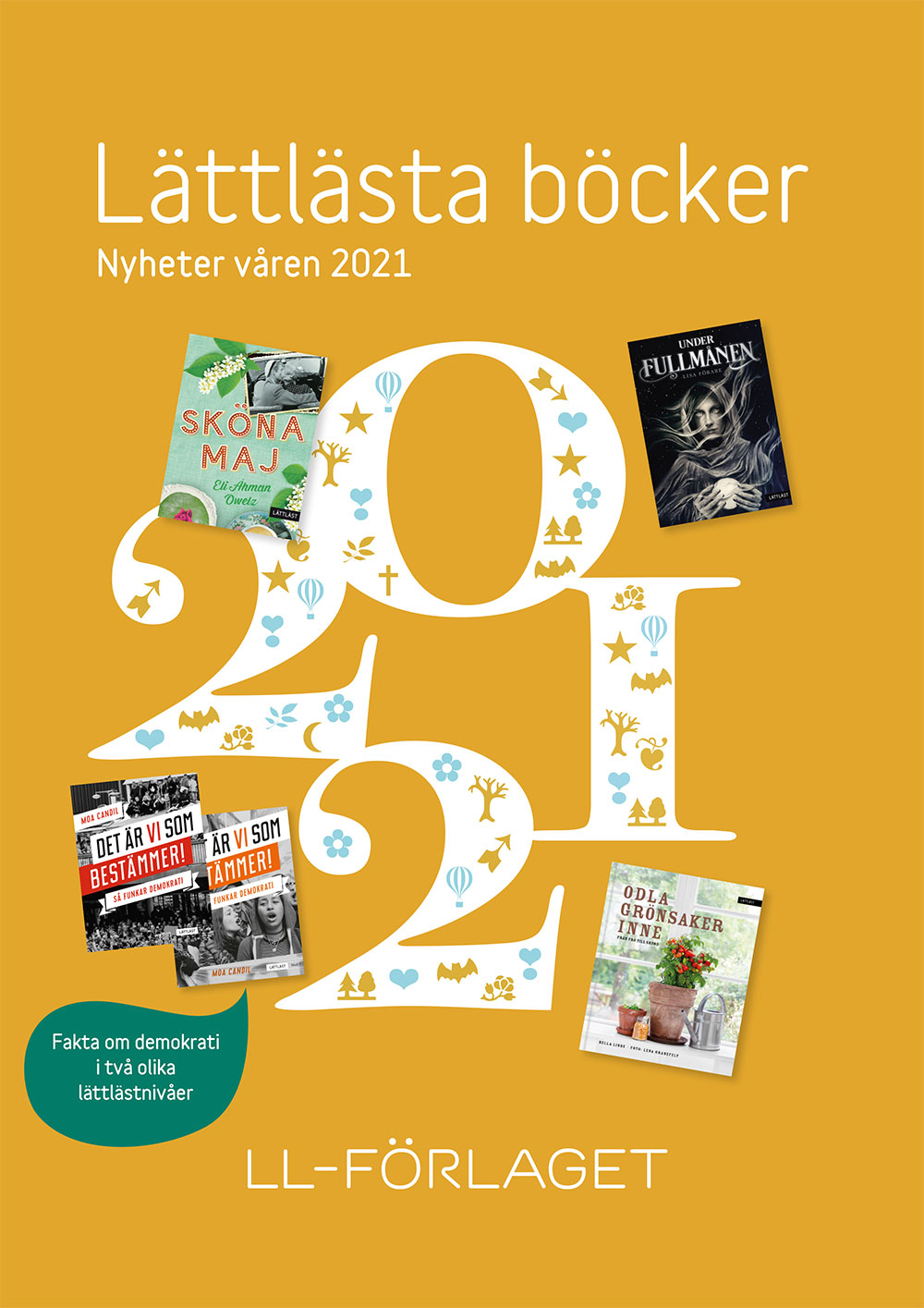 Bilden visar omslaget till LL-förlagets katalog för boknyheter för våren 2021.