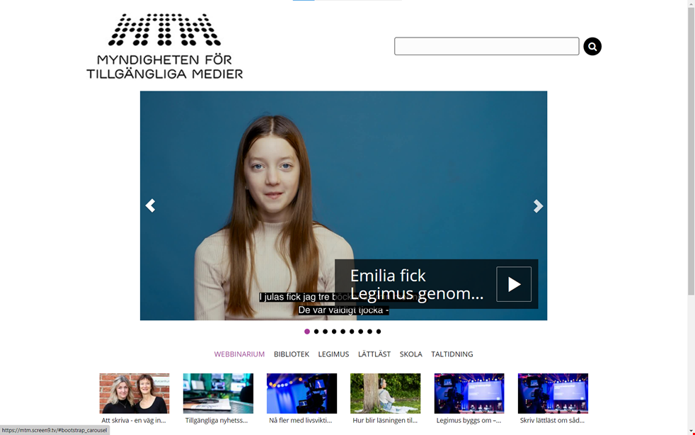 Bilden visar en skärmdump från mtm.screen9.tv där en video med tolvåriga Emilia syns först på sidan.