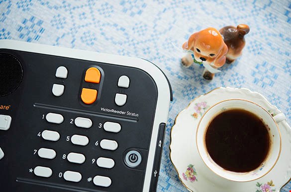 Bild på en taltidningsspelare på en rutig duk och en porslinshund och en kaffekopp