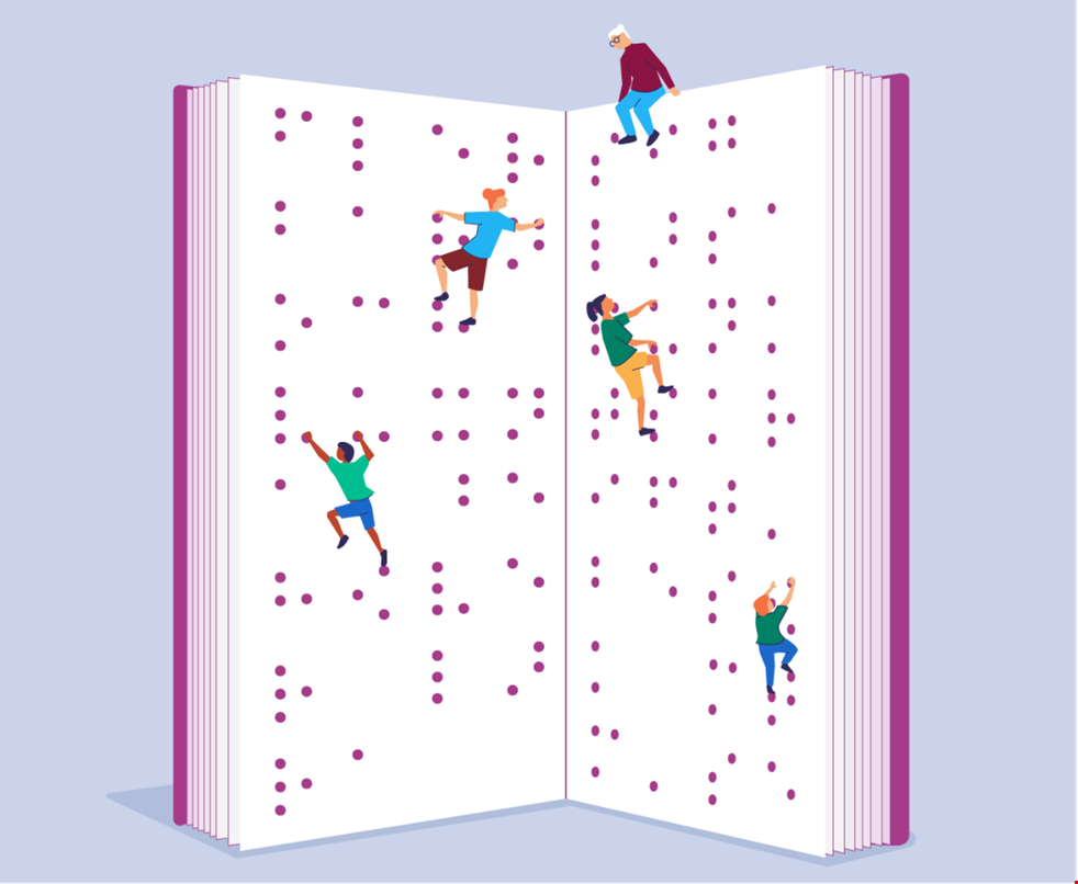 Illustration av en stor punktskriftsbok vars sidor är som två klätterväggar. På väggarna klättrar fyra människor och högst upp sitter en person och tittar på dem som är på väg.