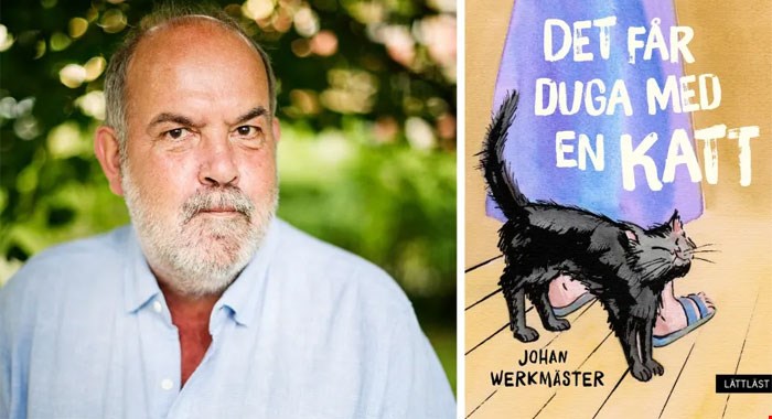 Till vänster i bilden syns en porträttbild på författaren Johan Werkmäster. Till höger syns omslaget till hans nya bok Det får duga med en katt.