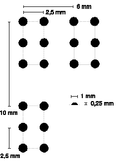 Bild på punktskriftens mått inom och mellan celler och mellan rader.